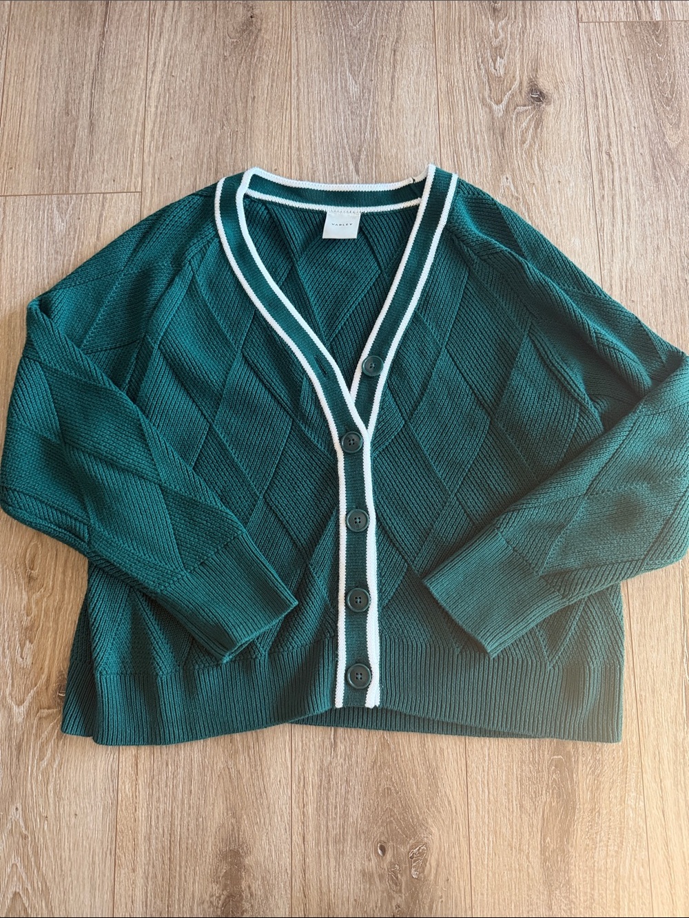 Varley Dark Green V-Neck Button Cardigan with White Trim